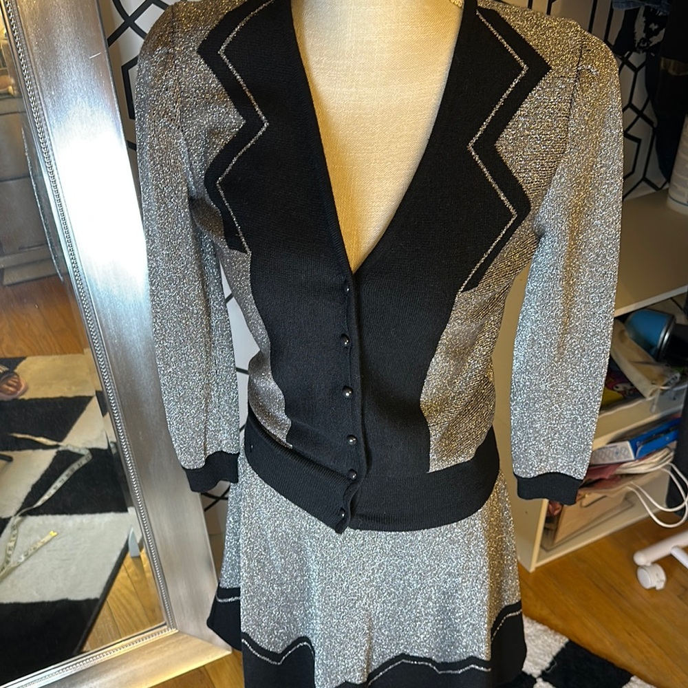 LAMB sparkle Black and Silver Button-Up Cardigan and Skirt Set